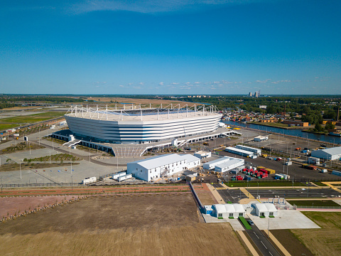 Kaliningrad - Russia, May 20, 2018: Construction of a football stadium for Fifa World Cup 2018 is completed, aerial view