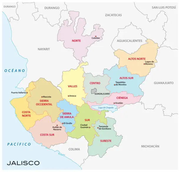 Vector illustration of jalisco, administrative and political map, mexico