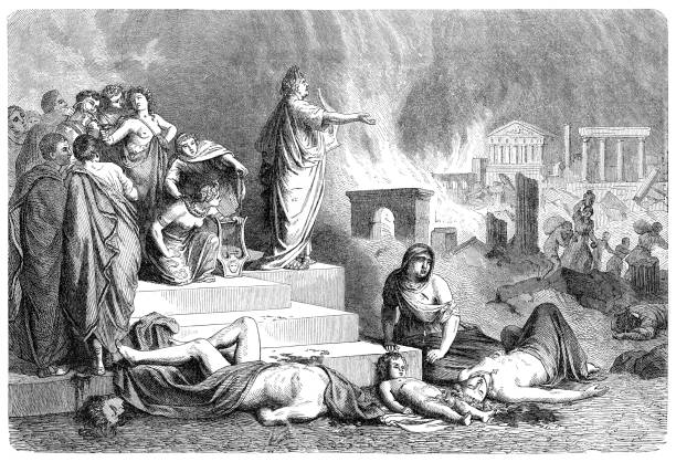 cesarz rzymski nero płonący rzym ilustracja 1880 - emperor stock illustrations