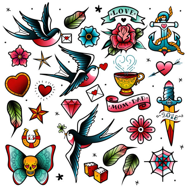 zestaw tatuaży starej szkoły - skull tattoo vector flower stock illustrations