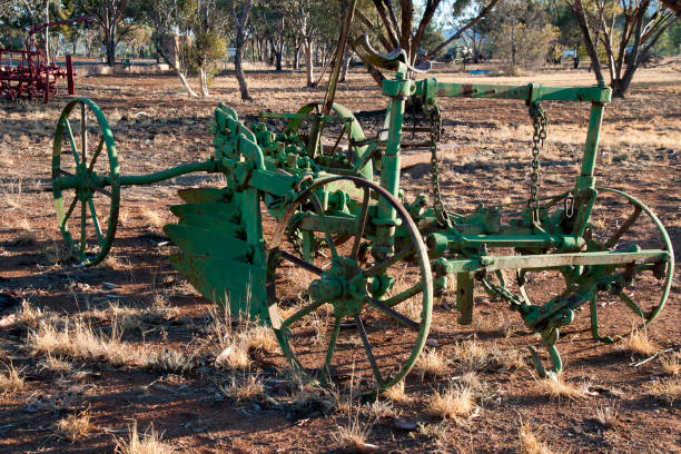 Side view of an old, rusted agricultural plow with large iron wheels, positioned under an olive tree in a peaceful rural landscape. The image captures the texture of aged metal and the contrast between man-made equipment and natural surroundings. Set on green grass with tall trees and a clear blue sky in the background, this image evokes a sense of agricultural history, tradition, and countryside tranquility.