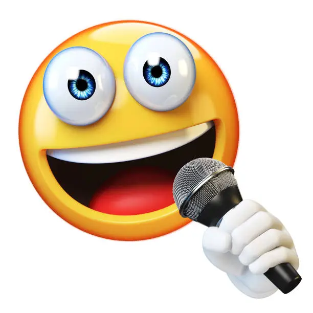 Photo of Emoji holding microphone isolated on white background