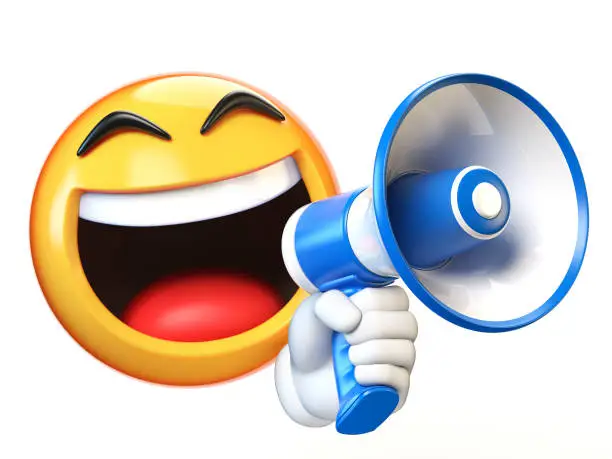 Emoji holding loudspeaker isolated on white background, emoticon holding megaphone 3d rendering
