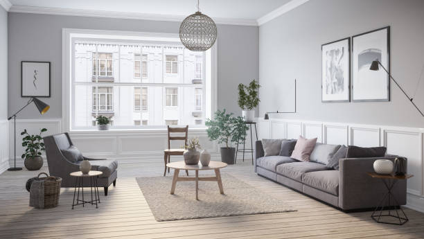 Modern scandinavian living room interior - 3d render Scandinavian interior design living room 3d render with gary colored furniture monochrome house stock pictures, royalty-free photos & images