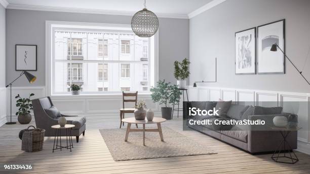 Modern Scandinavian Living Room Interior 3d Render Stock Photo - Download Image Now