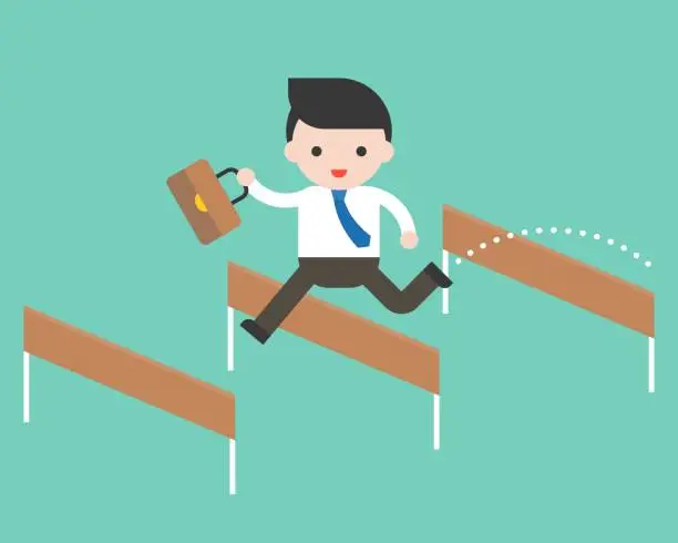 Vector illustration of Business man jump pass hurdle, Pass The Obstacles, business situation concept, flat design vector