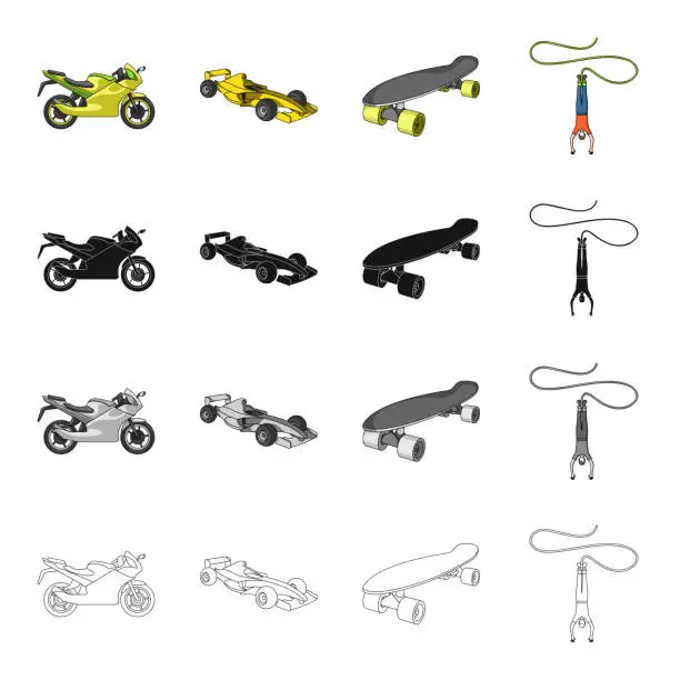 Vector illustration of Sports bike, racing car, skateboard, extreme jumping. Extreme sport set collection icons in cartoon black monochrome outline style vector symbol stock Isometric illustration web.