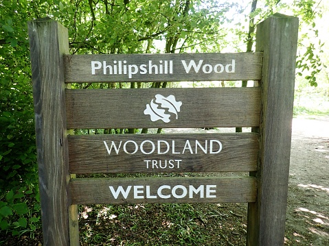 Chorleywood, Hertfordshire, England, United Kingdom - May 17th 2018: Philipshill Wood, Chorleywood, Woodland Trust welcome sign