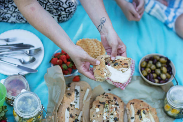 istock picnic on meadow hands reaching for food 961355064