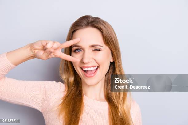 Open Mouth People Person Entertainment Concept Close Up Portrait Of Playful Excited Funny Joyful Positive Optimistic With Toothy Smile Girl Showing Vsign Isolated On Gray Background Copyspace Stock Photo - Download Image Now