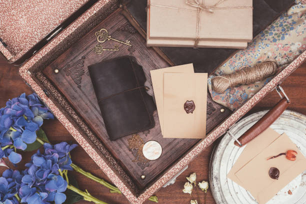 istock top view of opened vintage suitcase with objects over wooden background 961360722