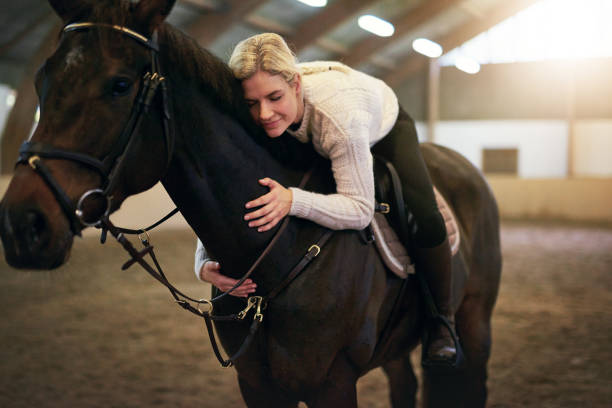istock Female sitting astride and hugging black horse 961361102