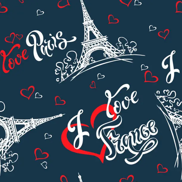 Vector illustration of Seamless pattern. I love Paris. I love France. Stylish lettering. Hearts. Eiffel tower. Sketch. Blue background. Victor