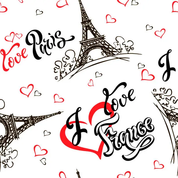 Vector illustration of Seamless pattern. I love Paris. I love France. Stylish lettering. Hearts. Eiffel tower. Sketch. White background. Victor