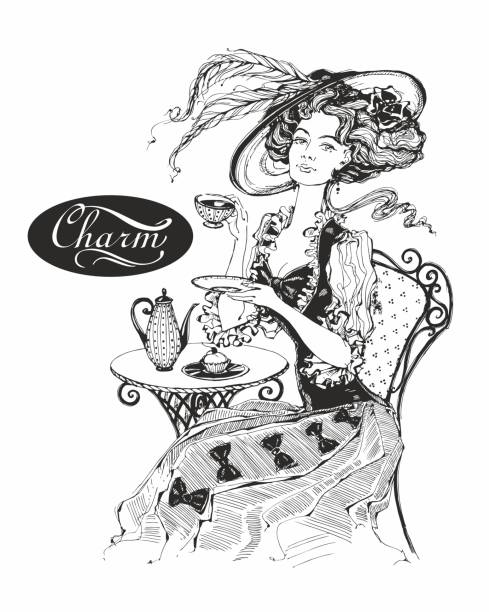 illustrations, cliparts, dessins animés et icônes de la fille avec le chapeau et la robe vintage. lady boissons thé. belle femme. charme. inscription. graphiques. noir-blanc.  vector - tea party party tea little girls