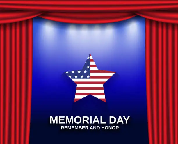 Vector illustration of Memorial Day poster with red curtain and american star. Vector illustration.