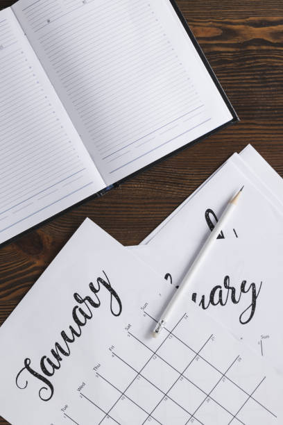 istock close up view of empty notebook, calendar and pencil on wooden surface 961370320
