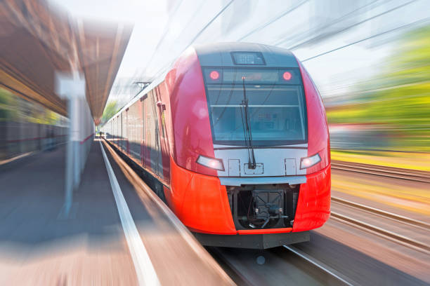 istock High-speed electric train with motion blur. Train at the railway station. 961371194