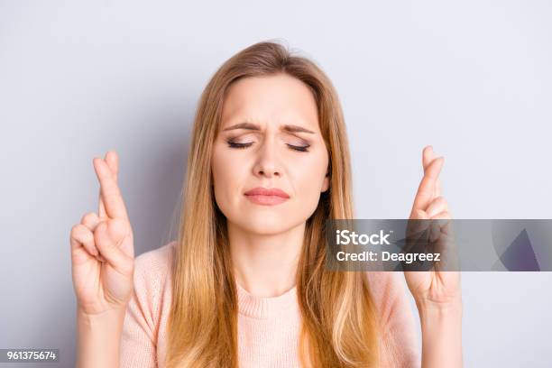 Plan People Person Imagine Fantasize Ponder Person Concept Close Up Portrait Of Charming Adorable Lovely Cute Nervous Beautiful Lady Making A Wish Isolated On Gray Background Stock Photo - Download Image Now