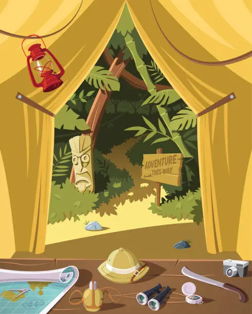 Vector illustration of Ready for jungle adventure , equipment in tent and jungle in background