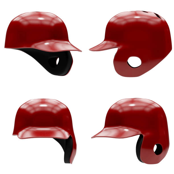 Baseball batting helmet with one ear protect Baseball batting helmet with one ear protect. Red color and All side view. Sport equipment. 3D render illustration Isolated on white background. baseball helmet stock pictures, royalty-free photos & images