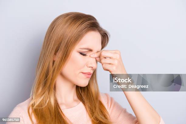 People Disease Person Emotion Expression Hurt Concept Side Halffaced Portrait Of Charming Pretty Gorgeous Thoughtful Minded Lady Suffering From Ache Isolated On Gray Background Copyspace Stock Photo - Download Image Now