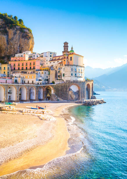 Morning view of Amalfi cityscape, Italy Morning view of Amalfi cityscape on coast line of mediterranean sea, Italy amalfi photos stock pictures, royalty-free photos & images