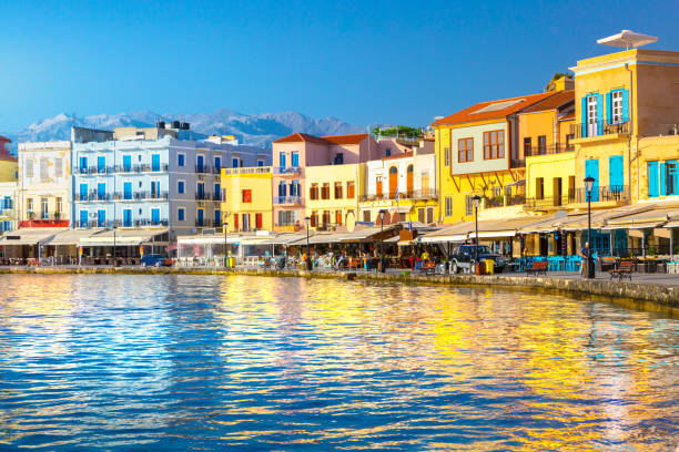 View of the old port of Chania, Crete island, Greece. stock photo