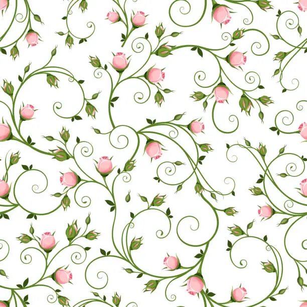Vector illustration of Seamless floral pattern with pink rosebuds. Vector illustration.