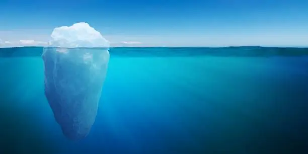 Underwater view on big iceberg floating in ocean. 3D rendered illustration.