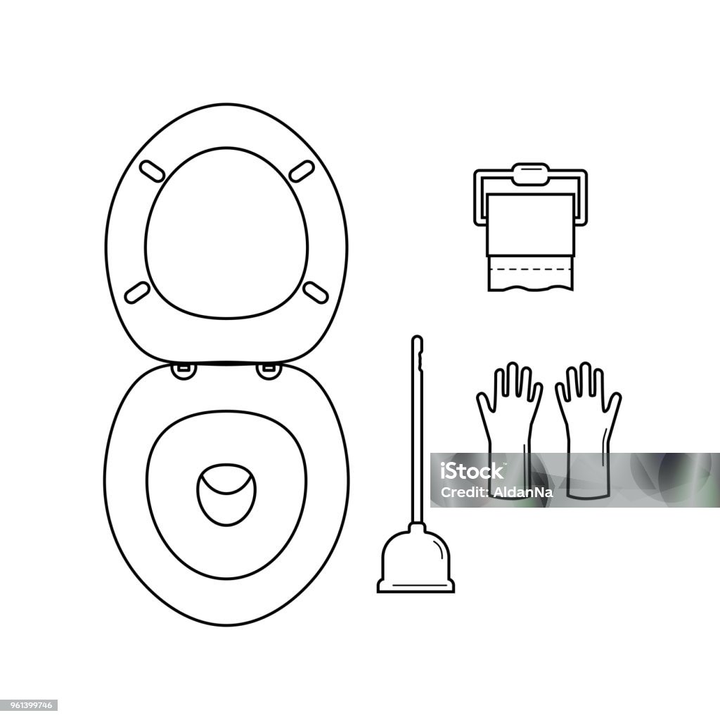 Wc 圖示設置馬桶紙刷子柱塞乳膠手套向量圖形及更多一組物體圖片- 一組物體, 乾淨, 住宅建築- iStock