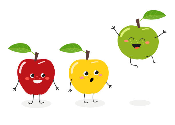 vektor-illustration von lustigen cartoon äpfel isoliert auf weißem hintergrund - green ground juice freshness stock-grafiken, -clipart, -cartoons und -symbole