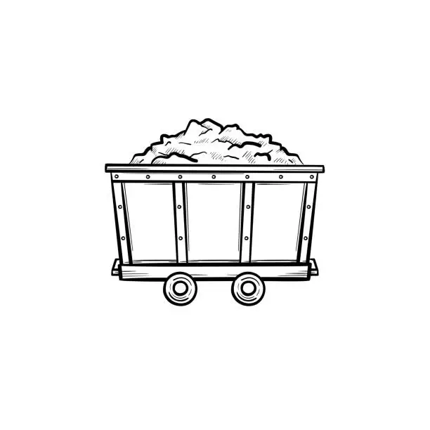 Vector illustration of Mining trolley with coal hand drawn outline doodle icon