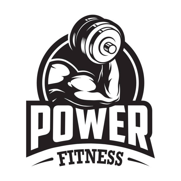 Vintage monochrome sport and fitness logo Vintage monochrome sport and fitness logo with muscular hand holding dumbbell isolated vector illustration body building stock illustrations