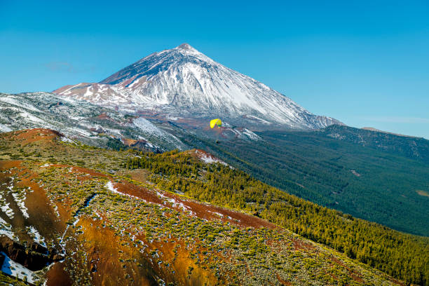 Snowy volcano EL Teide,paraglider, National Park,Paragliding, Tenerife, Spain no logos,Nikon D850