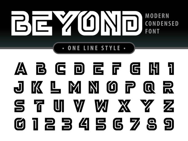 Vector of Futuristic Alphabet Letters and numbers, One linear stylized rounded fonts Vector of Futuristic Alphabet Letters and numbers, One linear stylized rounded fonts, One single line for each letter, Bold Black Condensed Letters set for sci-fi, military. silver chrome number 8 stock illustrations