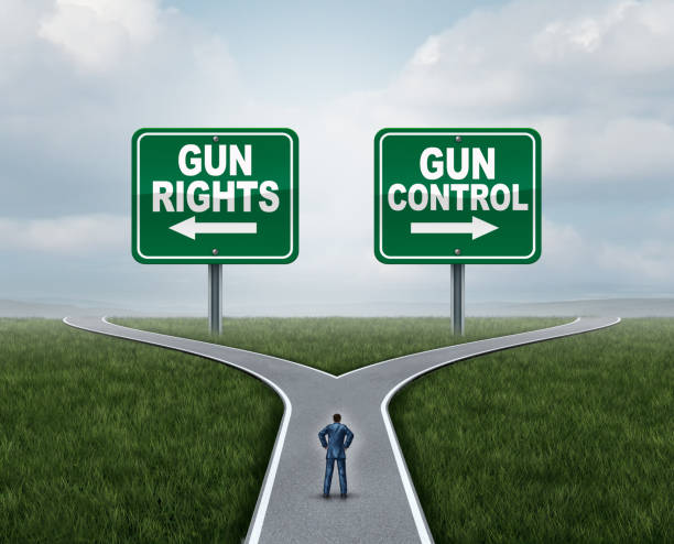 Gun Rights Or Guns Control Gun control or guns control and second amendment United States debate as a government firearms federal or state law policy with 3D illustration elements. gun control photos stock pictures, royalty-free photos & images
