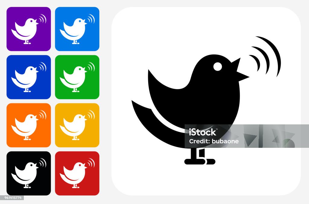 Singing Bird Icon Square Button Set Singing Bird Icon Square Button Set. The icon is in black on a white square with rounded corners. The are eight alternative button options on the left in purple, blue, navy, green, orange, yellow, black and red colors. The icon is in white against these vibrant backgrounds. The illustration is flat and will work well both online and in print. Bird stock vector