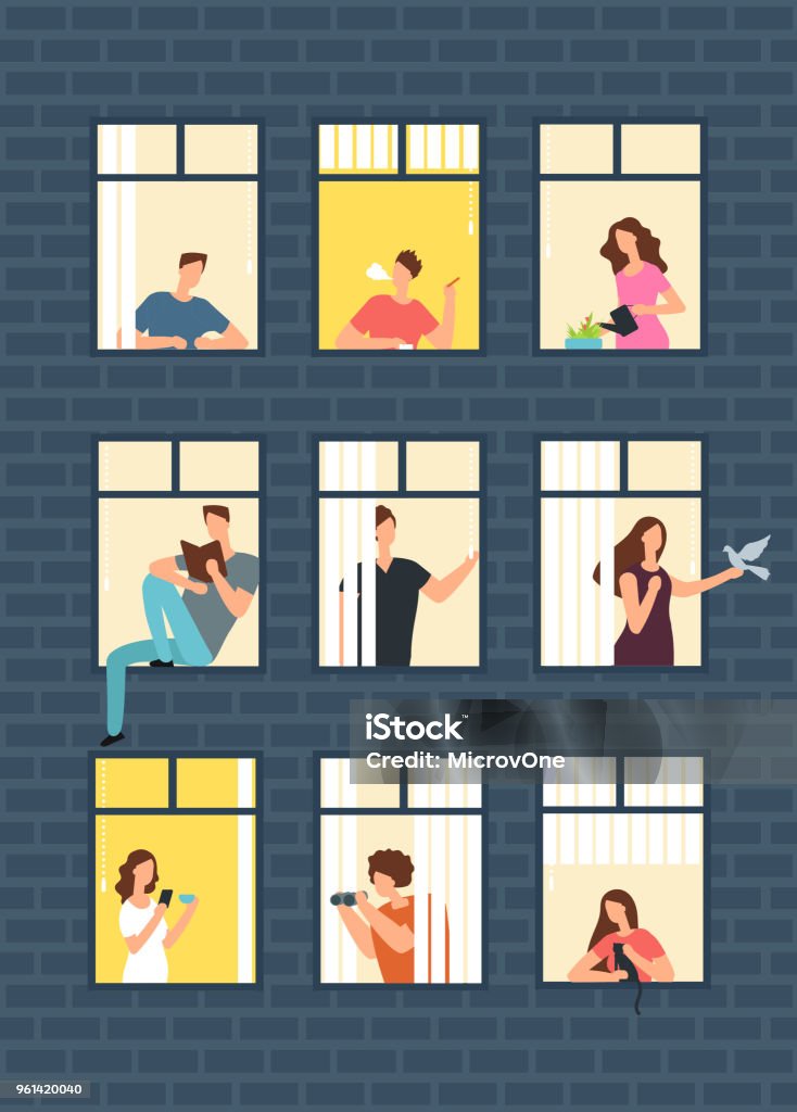 Neighbors cartoon people in apartment house windows. Neighborhood vector concept Neighbors cartoon people in apartment house windows. Neighborhood vector concept. Building with window and man, woman illustration Window stock vector