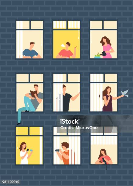 Neighbors Cartoon People In Apartment House Windows Neighborhood Vector Concept Stock Illustration - Download Image Now