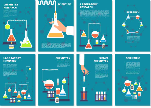 chemie labor testen. apotheke-verarbeitung und medizinische forschungslabor. vektor buchumschläge, broschüre vorlage - glaskolben stock-grafiken, -clipart, -cartoons und -symbole