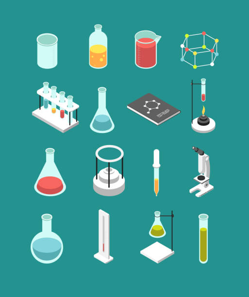 ilustraciones, imágenes clip art, dibujos animados e iconos de stock de equipo de laboratorio químico 3d isométrico. atributos de química vector iconos aislados - laboratory equipment illustrations