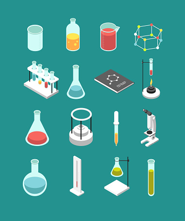 Isometric 3d chemical laboratory equipment. Chemistry attributes vector icons isolated. Chemistry research, equipment chemical and medicine illustration