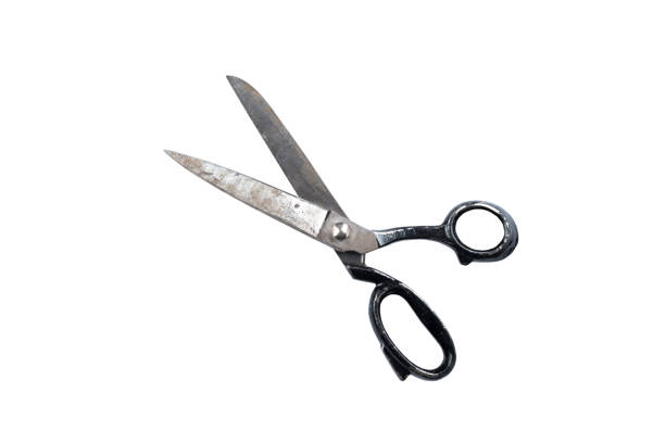 istock Old metal industrial scissors isolated on white background, saved path, ready for manipulation. Big open metal scissors. 961420506