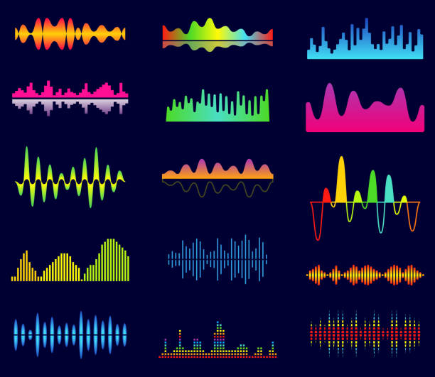 ilustrações de stock, clip art, desenhos animados e ícones de music equalizer, audio analog waves, studio sound frequency, music player waveform, sound spectrum signal, sonic tracks vector set - digitally generated image audio equipment music recording studio