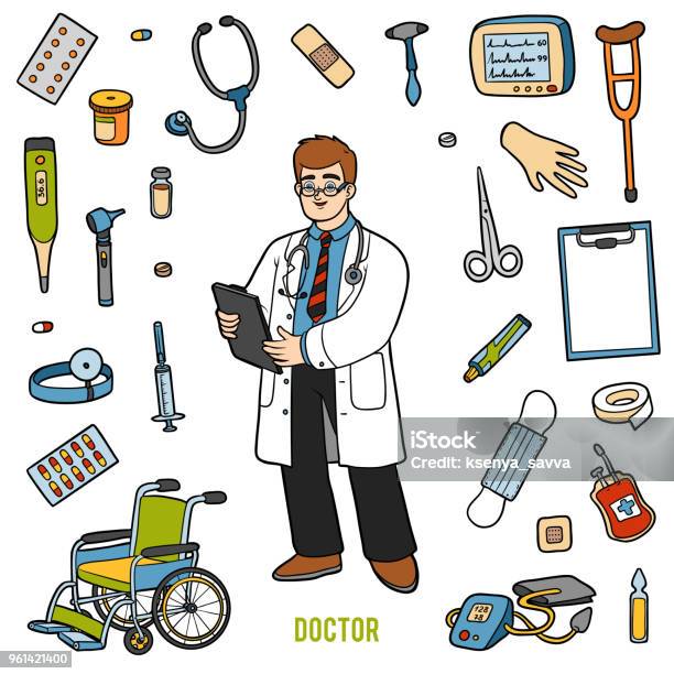 Doctor Objectds Vector Set With Doctor And Medical Objects Colorful Items Stock ...