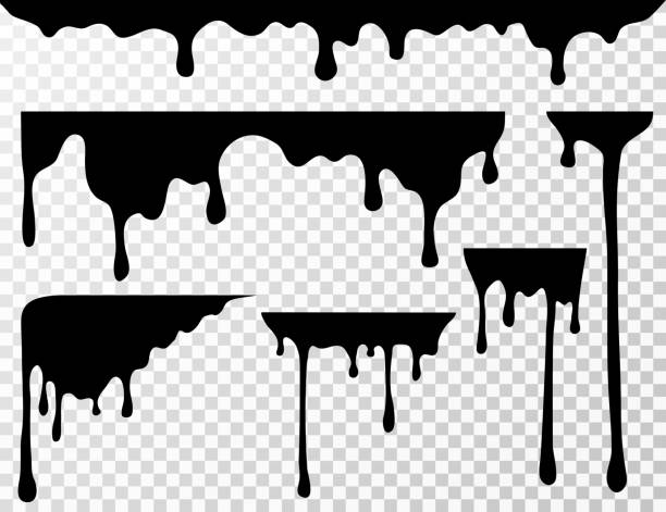 Black dripping oil stain, liquid drips or paint current vector ink silhouettes isolated Black dripping oil stain, liquid drips or paint current vector ink silhouettes isolated. Illustration of ink splash, splatter drop paint silhouettes stock illustrations