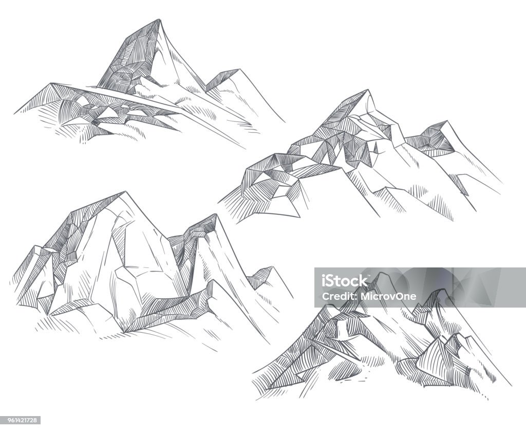 Hand drawing mountain peaks isolated retro etching sketch vector illustration Hand drawing mountain peaks isolated retro etching sketch vector illustration. Sketch drawing peak line. engraving graphic landscape Mountain stock vector