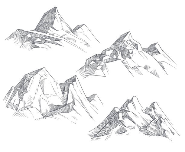 Hand drawing mountain peaks isolated retro etching sketch vector illustration Hand drawing mountain peaks isolated retro etching sketch vector illustration. Sketch drawing peak line. engraving graphic landscape mountain peak illustrations stock illustrations
