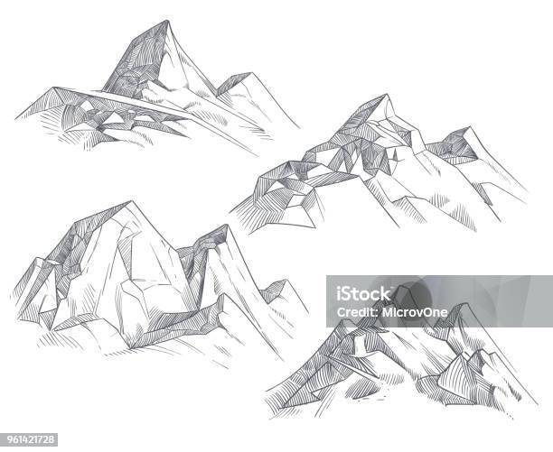 Hand Drawing Mountain Peaks Isolated Retro Etching Sketch Vector Illustration Stock Illustration - Download Image Now